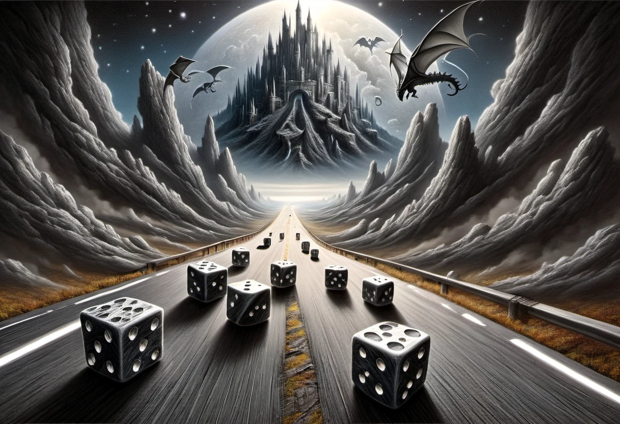 Octane rendering of octahedral dice strewn atop an artist's table overlaid with a charcoal sketch of a magical landscape, viewed from above showcasing a trio of heroes journeying on a mountain-bound road toward a distant castle with dragons looming, artistic focus, hyper-detailed, 32k resolution, epic and dramatic lighting, incorporating elements of outer space leading to a vanishing point on a superhighway at high speed. intricate details,digital rendering. sharp focus, studio photo, intricate details, highly detailed