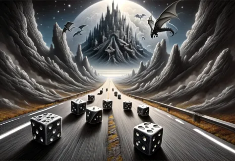 Octane rendering of octahedral dice strewn atop an artist's table overlaid with a charcoal sketch of a magical landscape, viewed...