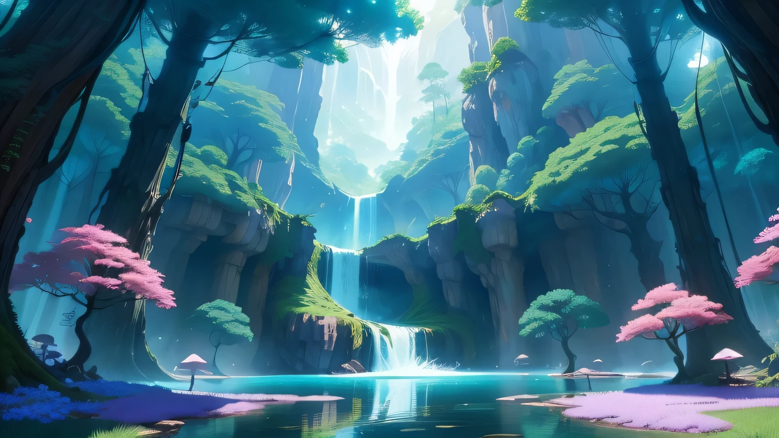 Fantastic forest painting with bridge and waterfall, wakfu colors + symmetry, background artwork, background art, colorful concept art, anime scenery, anime background art, anime countryside scenery, anime sceneryのコンセプトアート, dreamy psychedelic anime, lush exotic landscape, anime scenery wallpaper, colorful anime movie background, fantastic screenshot art, anime nature wallpapers, anime background。fluorescent mushrooms。Landscape like Nausicaa of the Valley of the Wind。high quality。vivid contrast。vivid flowers。A waterfall flowing。fantastic forest。