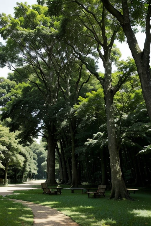 Larges trees with a lush canopy in a park with well-maintained grass and dense forest in the background