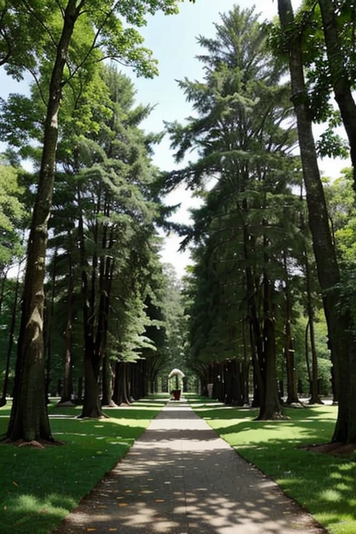 Larges trees with a lush canopy in a park with well-maintained grass and dense forest in the background