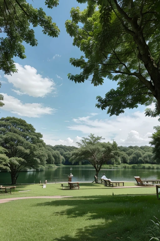 Larges trees with a lush canopy in a park with well-maintained grass and a lake in the background