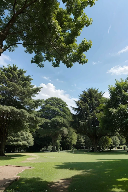 Larges trees with a lush canopy in a park with well-maintained grass and a lake in the background