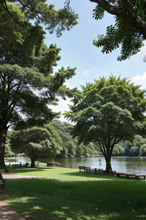 Larges trees with a lush canopy in a park with well-maintained grass and a lake in the background