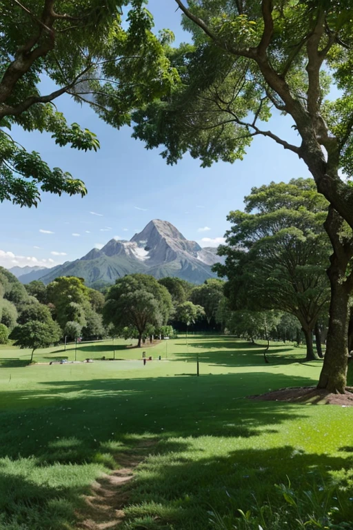 Larges trees with a lush canopy in a park with well-maintained grass and a mountain range in the background