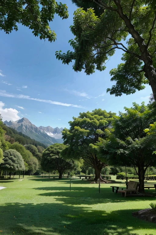 Larges trees with a lush canopy in a park with well-maintained grass and a mountain range in the background