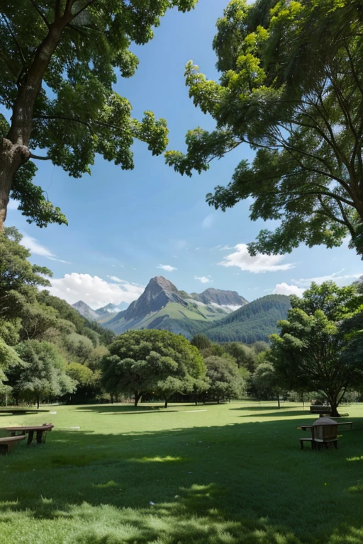 Larges trees with a lush canopy in a park with well-maintained grass and a mountain range in the background