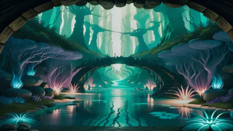 Fantastic forest painting with bridge and waterfall, wakfu colors + symmetry, background artwork, background art, colorful conce...