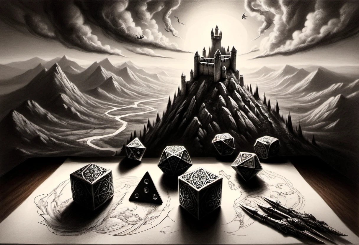 Macro photo of octahedral dice resting amidst a rough charcoal sketch, atop an artist's table, scene captured with a view from above, capturing a medieval hero's journey with adventurers advancing toward a mountain fortress, distant dragons looming, high-detailed landscape, Miki Asai-inspired macro photography, Gerald Brom and Benedick Bana style of hyperrealism, trending ArtStation visuals, sharp focus, intricate details. highly detailed