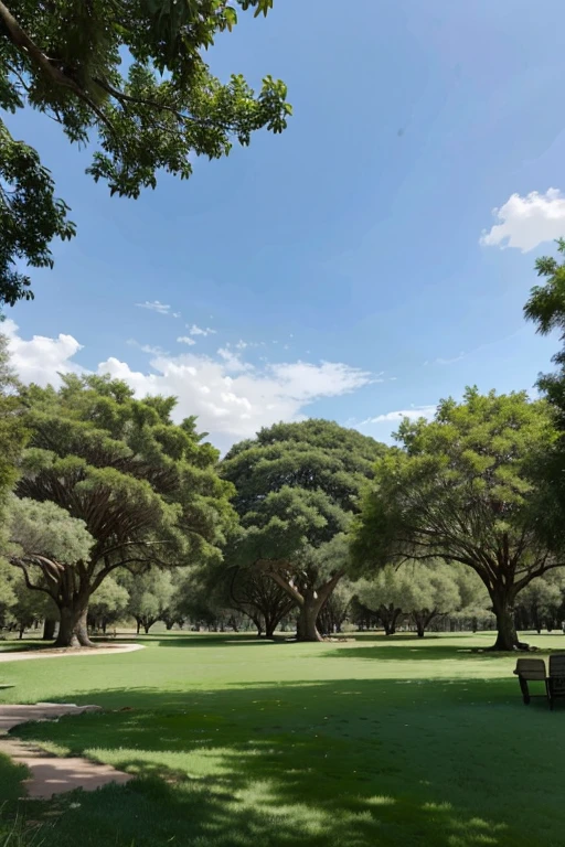Larges trees with a lush canopy in a park with well-maintained grass and a desert in the background