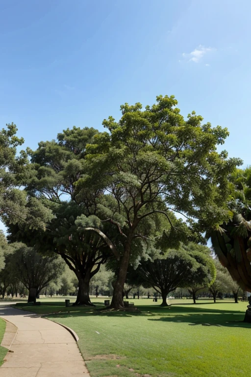 Larges trees with a lush canopy in a park with well-maintained grass and a desert in the background