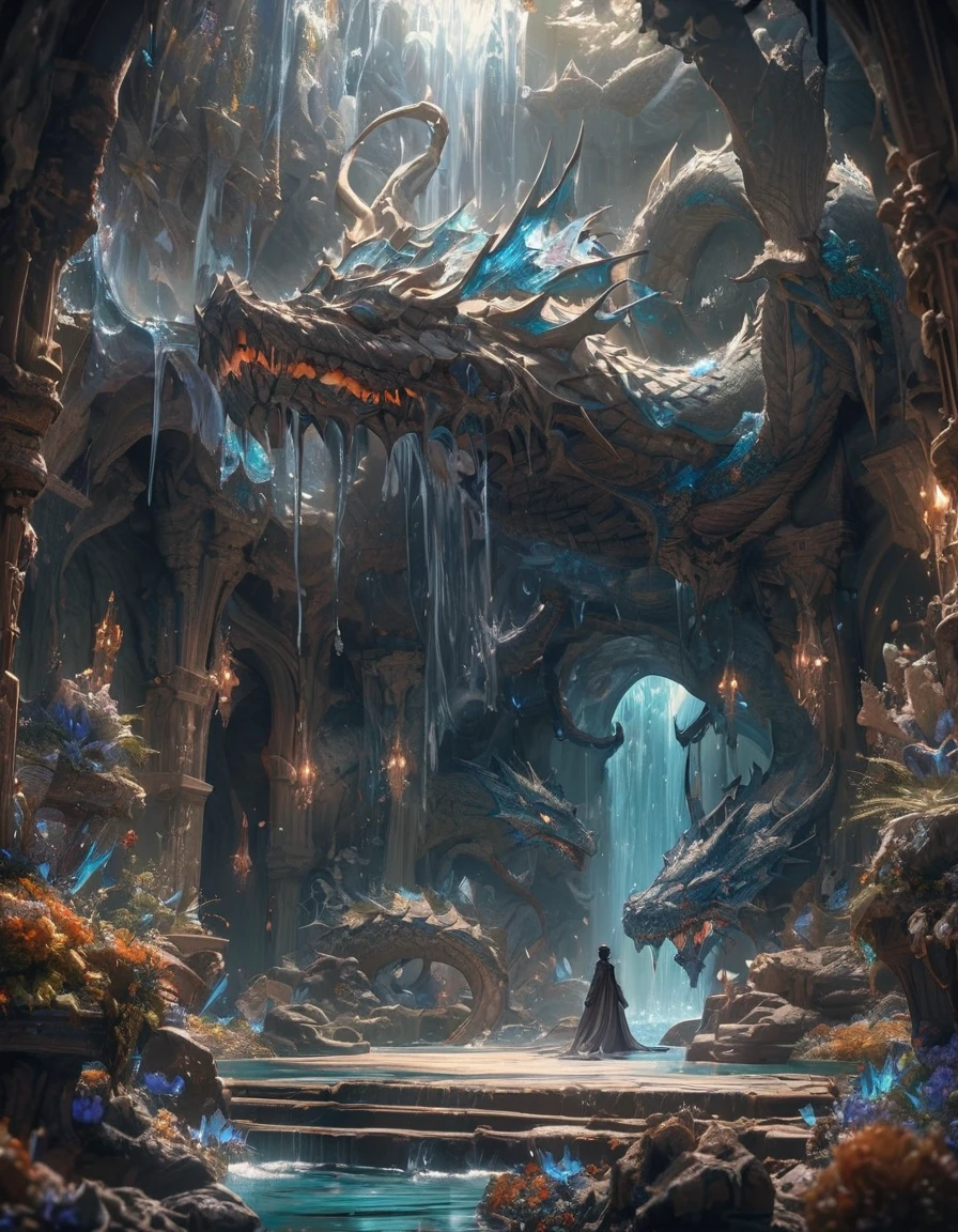 Grotto Room，（（（Full of crystals）））dragon，water flow，The light is very dark，magic（（（Horror atmosphere）））（（（masterpiece）））， （（best quality））， （（intricate details））， （（Surrealism））（8K）