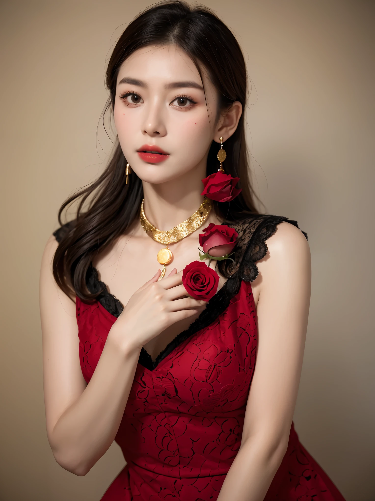 8K, original photo, Fujifilm, Styled photo of a beautiful 45 year old woman, square face, A red rose around the neck, Wearing a black lace dress with red, gold earrings, Features as powerful as a spinning dove, (highly refined skin: 1.2), medium brown hair with lights, film grain, 35mm, cute style