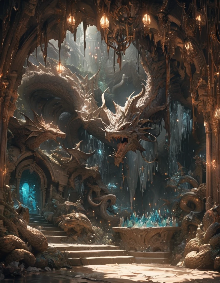 Grotto Room，（（（Full of crystals）））dragon，water flow，The light is very dark，magic（（（Horror atmosphere）））（（（masterpiece）））， （（best quality））， （（intricate details））， （（Surrealism））（8K）