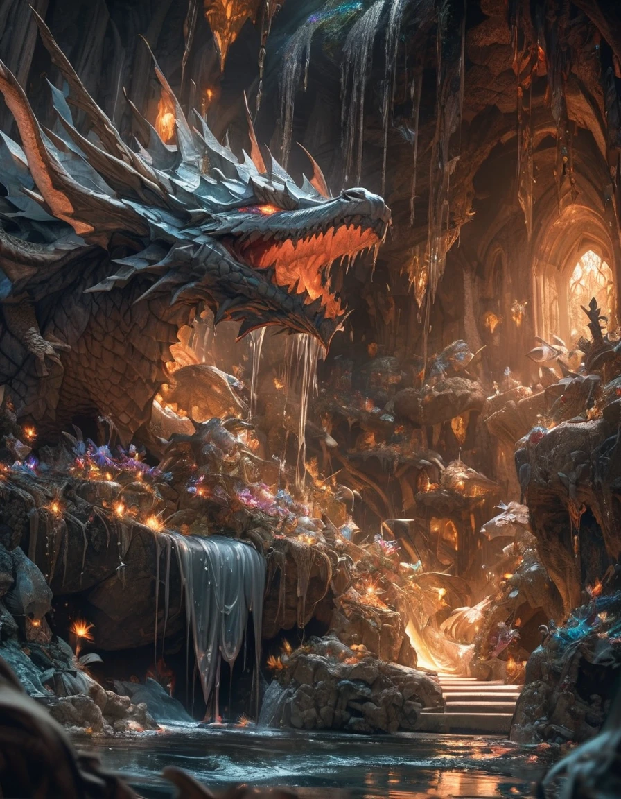 Grotto Room，（（（Full of crystals）））dragon，water flow，The light is very dark，magic（（（Horror atmosphere）））（（（masterpiece）））， （（best quality））， （（intricate details））， （（Surrealism））（8K）