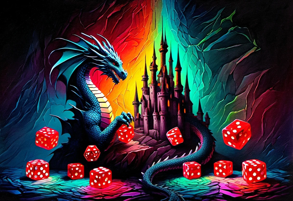 Dragón entrelazado con un castillo místico., bosquejo de tinta, paleta de colores triádica, Inspiración de Sandara Tang, Juego de dados hexagonales y octogonales flotando en medio., Técnica de doble exposición, pintura digital conceptualizada, bellas artes estilo tinta, primer plano de las escamas del dragón y los detalles de los dados, detalles ultrafinos, iluminación espectacular que acentúa los contornos, enfoque nítido llamando la atención, entorno de estudio, ambiente de neón resaltando los bordes, aceite negro abstracto