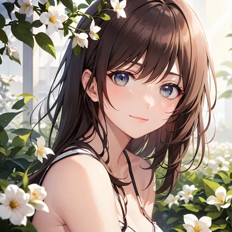 girl in the flower garden, surrounded by blooming cherry blossoms, wear a , she shines, sparkling eyes and a gentle smile. the s...