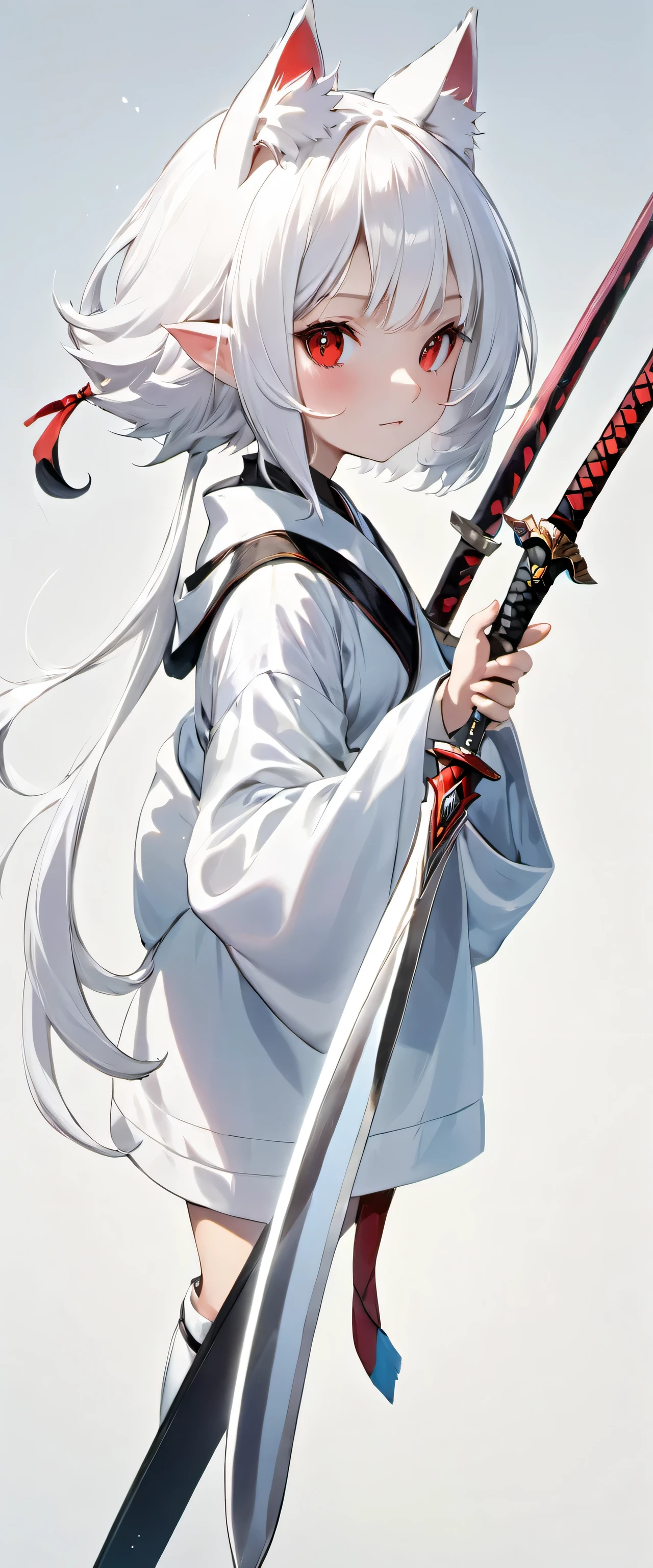 white hair, Hairball, Vince, long eyelashes, solid round eyes, fake animal ears, faint smile, red ears, direction, Surrealism, shadow, relief, Stereo view, vertical painting, leave, atmospheric perspective, 8k, Ultra-detailed, precise, best quality, holding sword in hand，