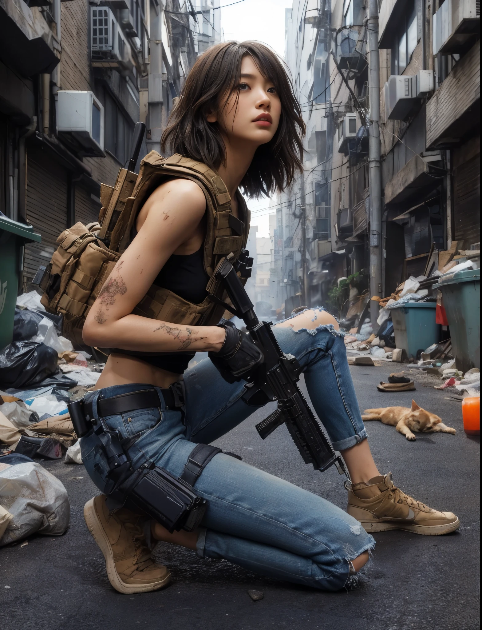  ８け,リアルな写真、リアルな肌の質感、アメリカに住む美しい日本人女性、都会の路地裏、路上に散乱したゴミ、ゴミ箱、野良猫、汚れたシャツとジーンズ、ナイキ エアフォース1 スニーカー、防弾チョッキ、自動小銃、ショートカット、市街戦、事件に巻き込まれる、反撃開始、これは汚れた、動くアクションポーズ、、ドラマチックで大胆な構成、半身、筋、ズームアウトする、フィクション、鳥&#39;S目線