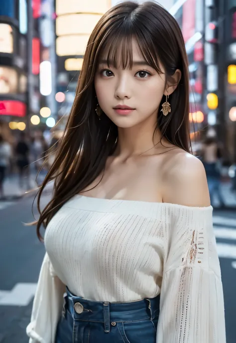 (((City:1.3,outdoor, drum,Photographed from the front))), ((long hair:1.3, black off shoulder blouse,japanese woman, cute)), (cl...