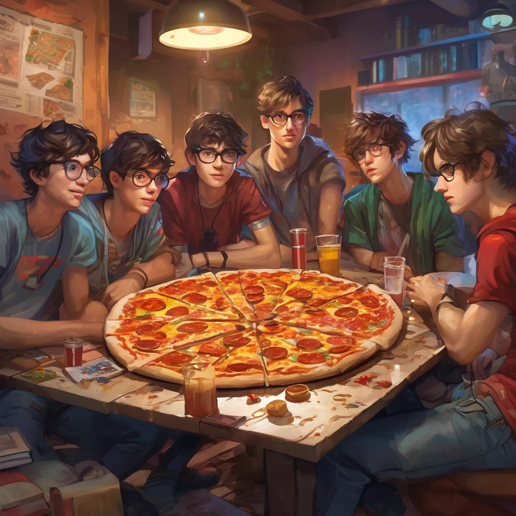 6 nerds, teenage boys(disheveled, loose clothes with pizza stains, some acne), sit around a table that has a DM screen, battle map, miniatures, dice, books, and everyone has a character sheet