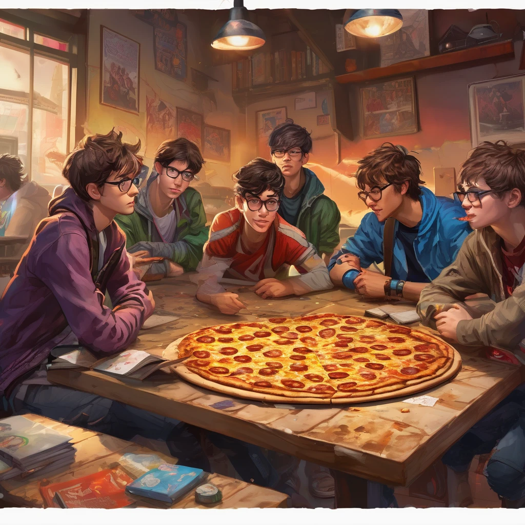 6 nerds, teenage boys(disheveled, loose clothes with pizza stains, some acne), sit around a table that has a DM screen, battle map, miniatures, dice, books, and everyone has a character sheet