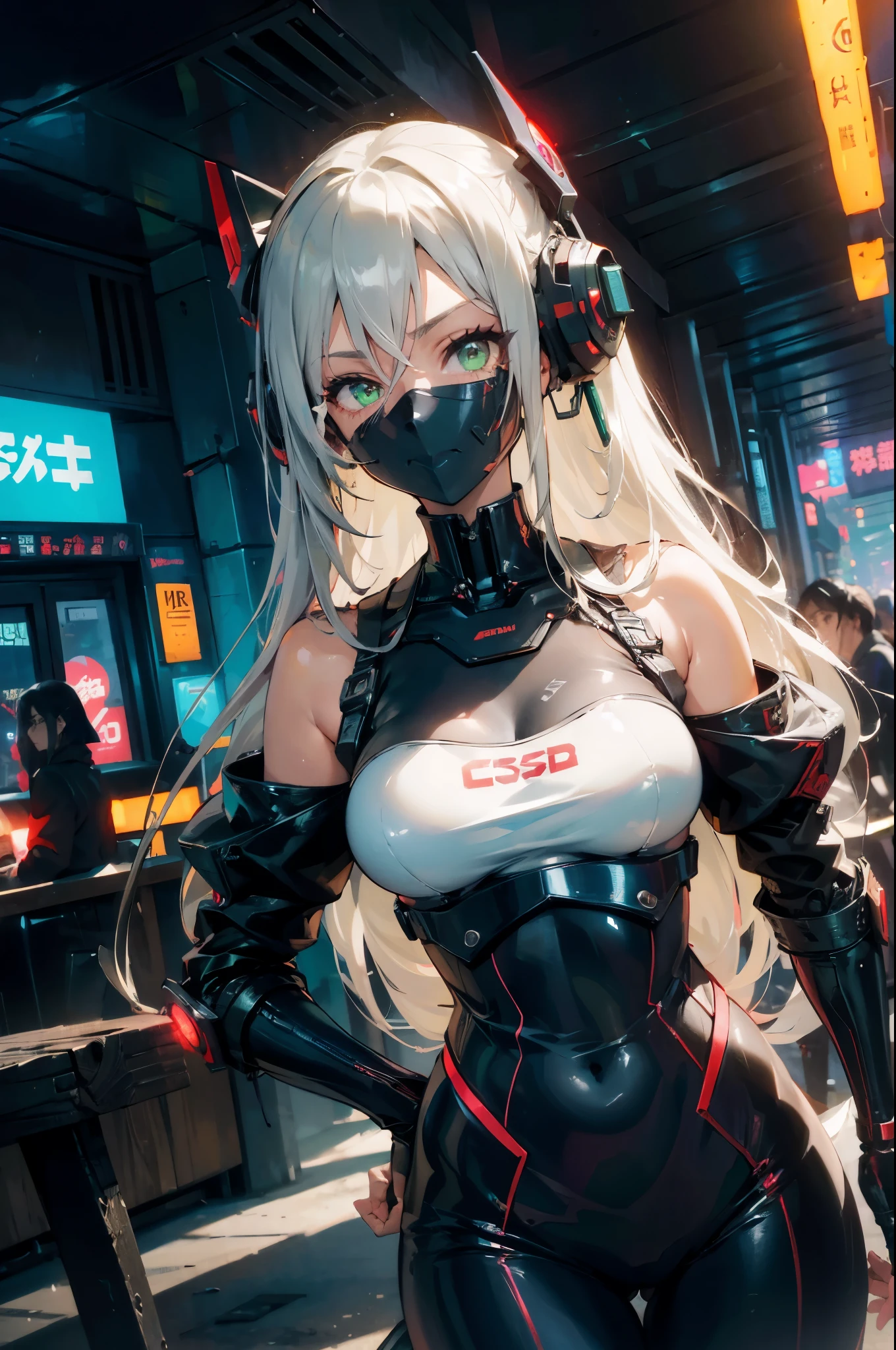 1 فتاة, وحيد, غنية وملونة, عيون خضراء, أبيض وأسود مختلط باللون الأحمر Cyberpunk, ميكاnical Scrap Zone, اطلالة المدينة, الأقراط, طويل, شعر أبيض فوضوي, ميكاnical Hat, ميكاnical Body, ذراع إيك, ميكا, , ميكاnical Maiden, أضواء النيون, أضواء جميلة, التركيز على الشخصية, التوضيح الفريق الاستشاري, صورة نصف الطول, دقة 8K, مفصل جدا, صحيح تشريحيا, رقم, مفهوم الفن, صورة واضحة，（（ثديين ضخمين）），تكشف الأخاديد عن الجلد الأصلي