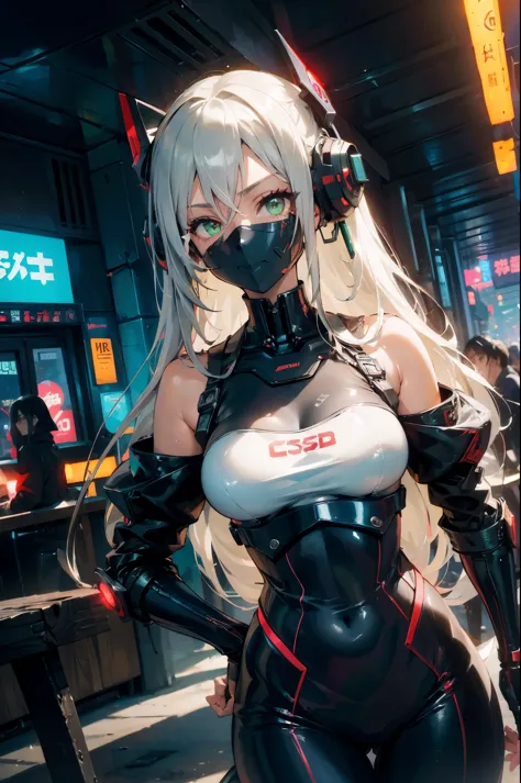 1 girl, alone, rich and colorful, green eyes, Black and white mixed red Cyberpunk, Mechanical Scrap Zone, city View, earrings, l...