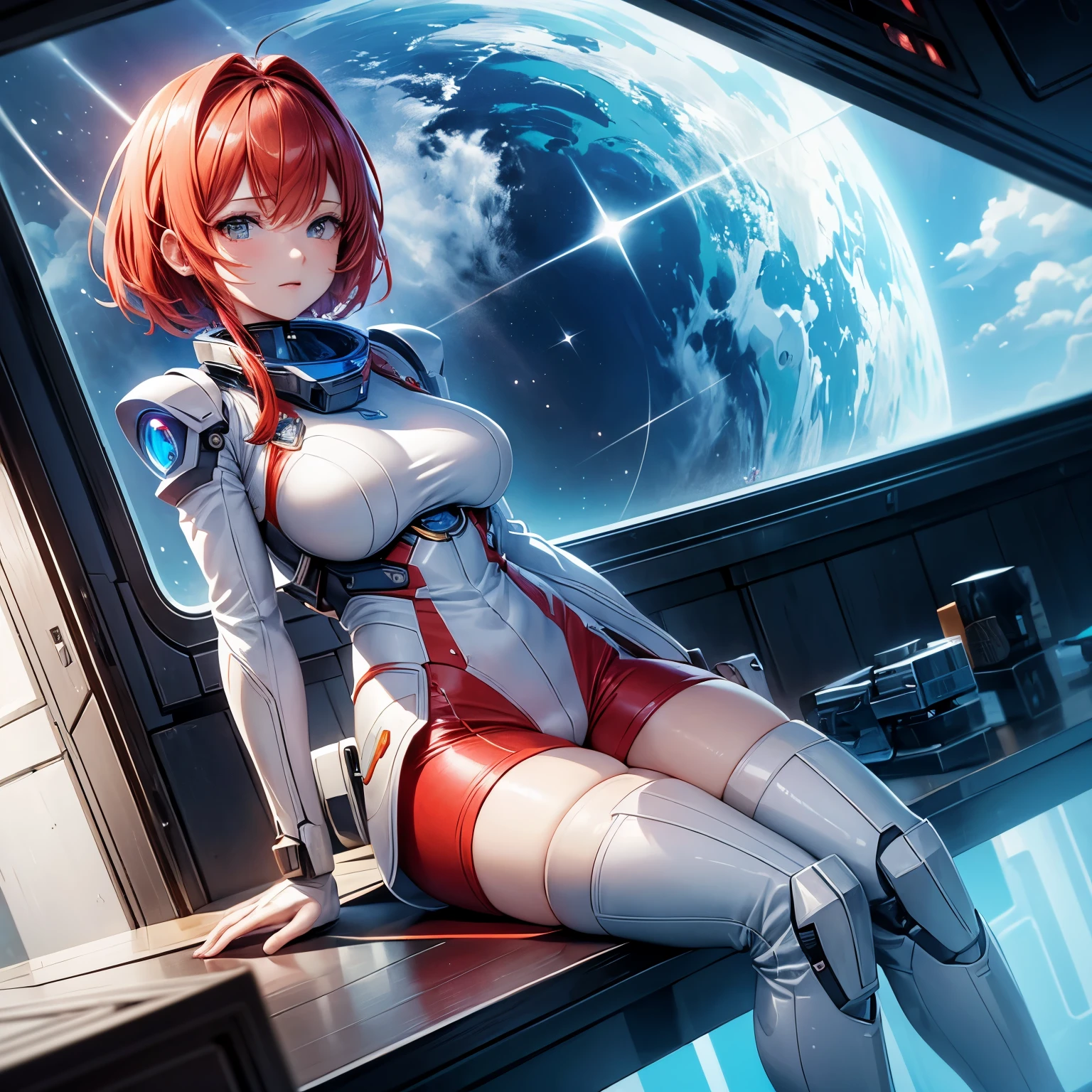 ridiculous resolution, High resolution, (masterpiece: 1.4), Ultra-detailed, 1 young woman, red short hair, pilot suit, rich princess, Sitting in an extremely narrow and closed mecha control room and looking out the window, The window is the space universe and you can see the blue planet (1.5), Expression is very excited, Mecha control room in the universe