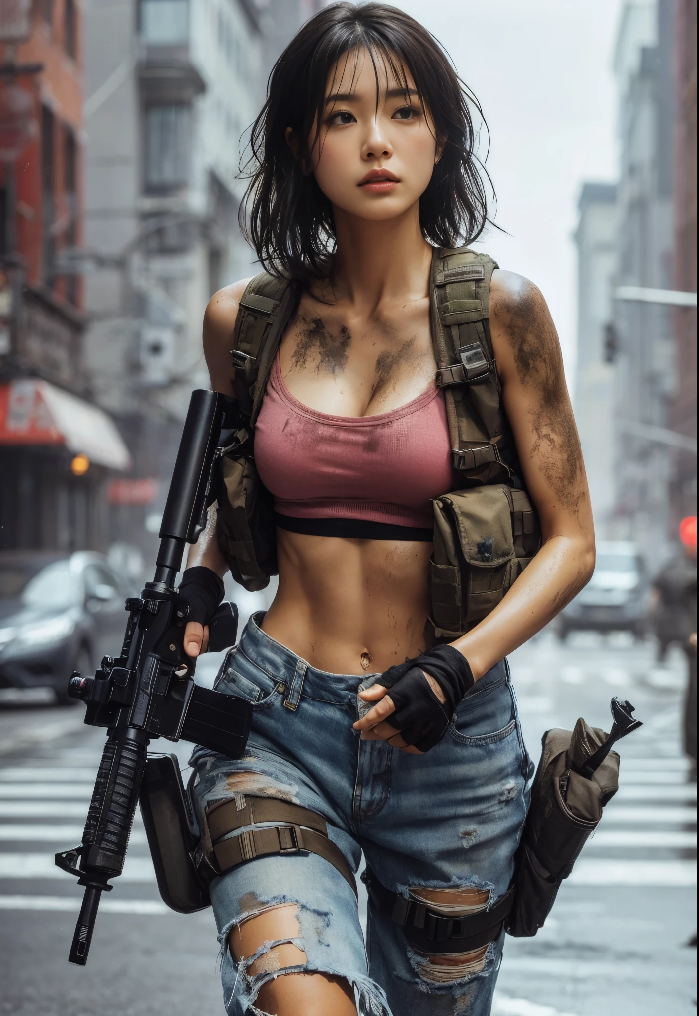 (best quality,8k,realistic photo:1.2),realistic skin texture,Japanese woman living in America,beautiful,walking in shooting position on the street,dirty shirt,jeans,sneakers,bulletproof vest,automatic rifle,short haircut,urban warfare,caught in an incident,starting counterattack,dirty,moving action pose,dramatic and bold composition,upper body,muscular,Zoom out