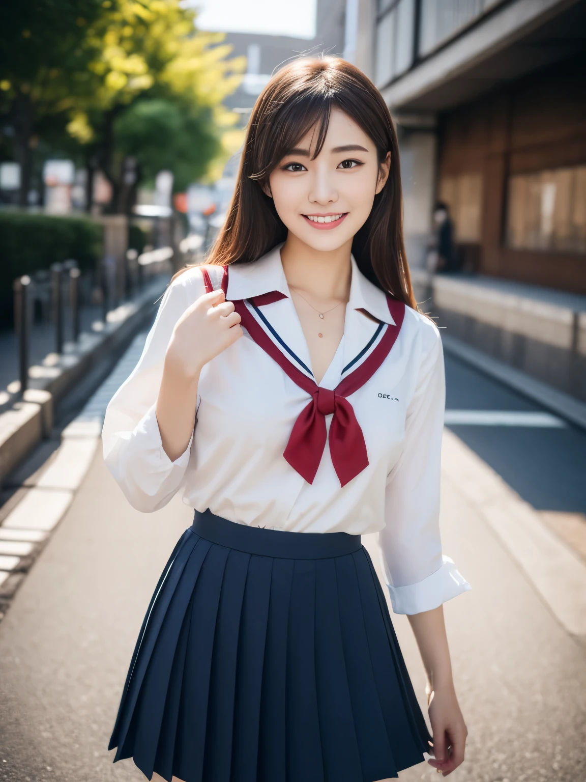 ulzzang-6500-v1.1,(Masterpiece, BestQuality:1.3),(Top image quality,8K:1.3),Realistic high-quality photos,top-quality,Real, Photorealistic, 8K, High Resolution, 
BREAK
1 female, 18 years old,(skin spots: 1.2), (skin dentation), Very Detailed Face, (Dynamic Pose: 1.2), Fashionable and Trendy Atmosphere,  (Look at the Camera), (Portrait: 0.6),  Standing, Full body, (Round chest), Floating hair, Seductive smile, (Japan high school school uniform:1.3), (white blouse), (checked pleated skirt), (moles under the eyes: 1), (thighs),(large breasts:1.3), (cleavage:0.9),
BREAK
(Professional Lighting, Bokeh), (Light Particle, Lens Flare, Luminous Particle: 0.6), Soft Lighting, Japan, Street, City, Tokyo, (Daytime), Sky,