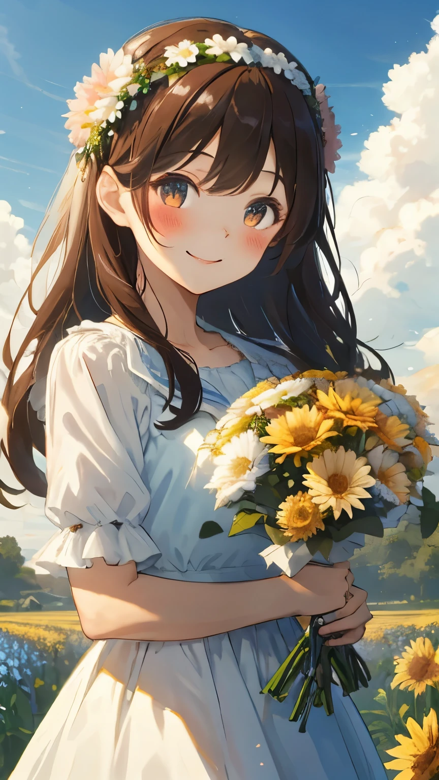 obra maestra, mejor calidad, chica, long brown hair, diadema de flores en la cabeza, sonriente, rubor en sus mejillas, sosteniendo un ramo de flores, vestido(fondo: hermoso campo de flores, sol, cielo, tarde )