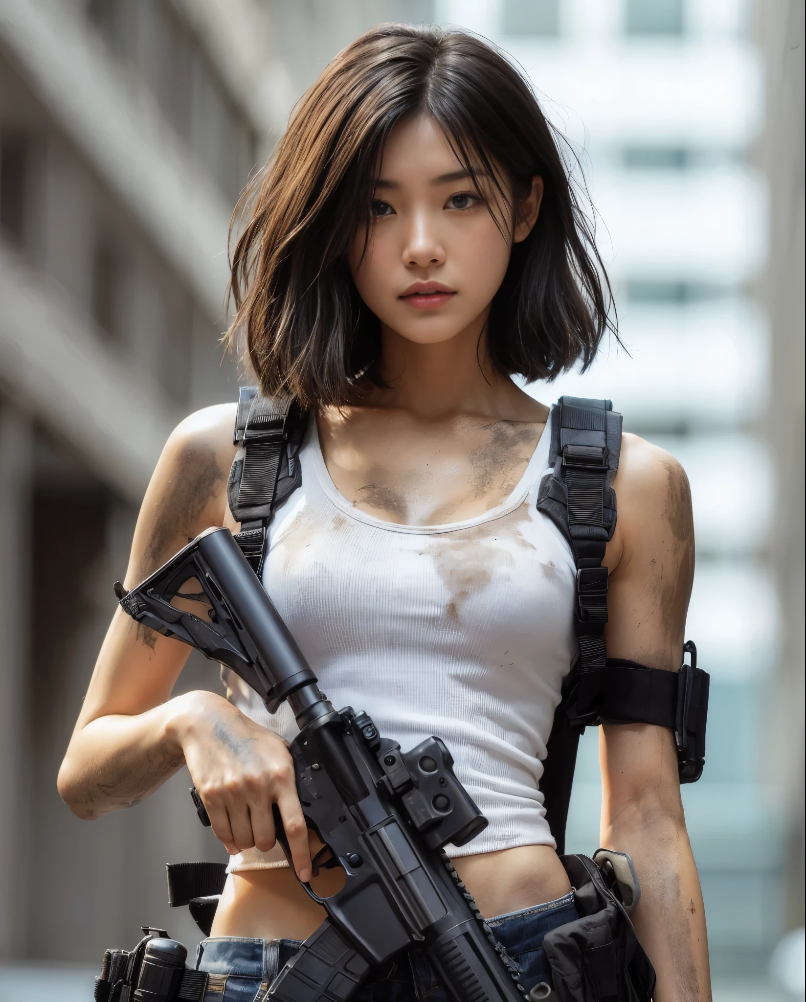(최고의 품질,8K,현실적인 사진:1.2),현실적인 피부 질감,미국에 사는 일본인 여성,아름다운,거리에서 사격 자세로 걷기,더러운 shirt,청바지,운동화,방탄 조끼,자동 소총,짧은 이발,도시전,사건에 휘말려,반격 시작,더러운,움직이는 액션 포즈,드라마틱하고 대담한 구성,상체,근육질의,축소