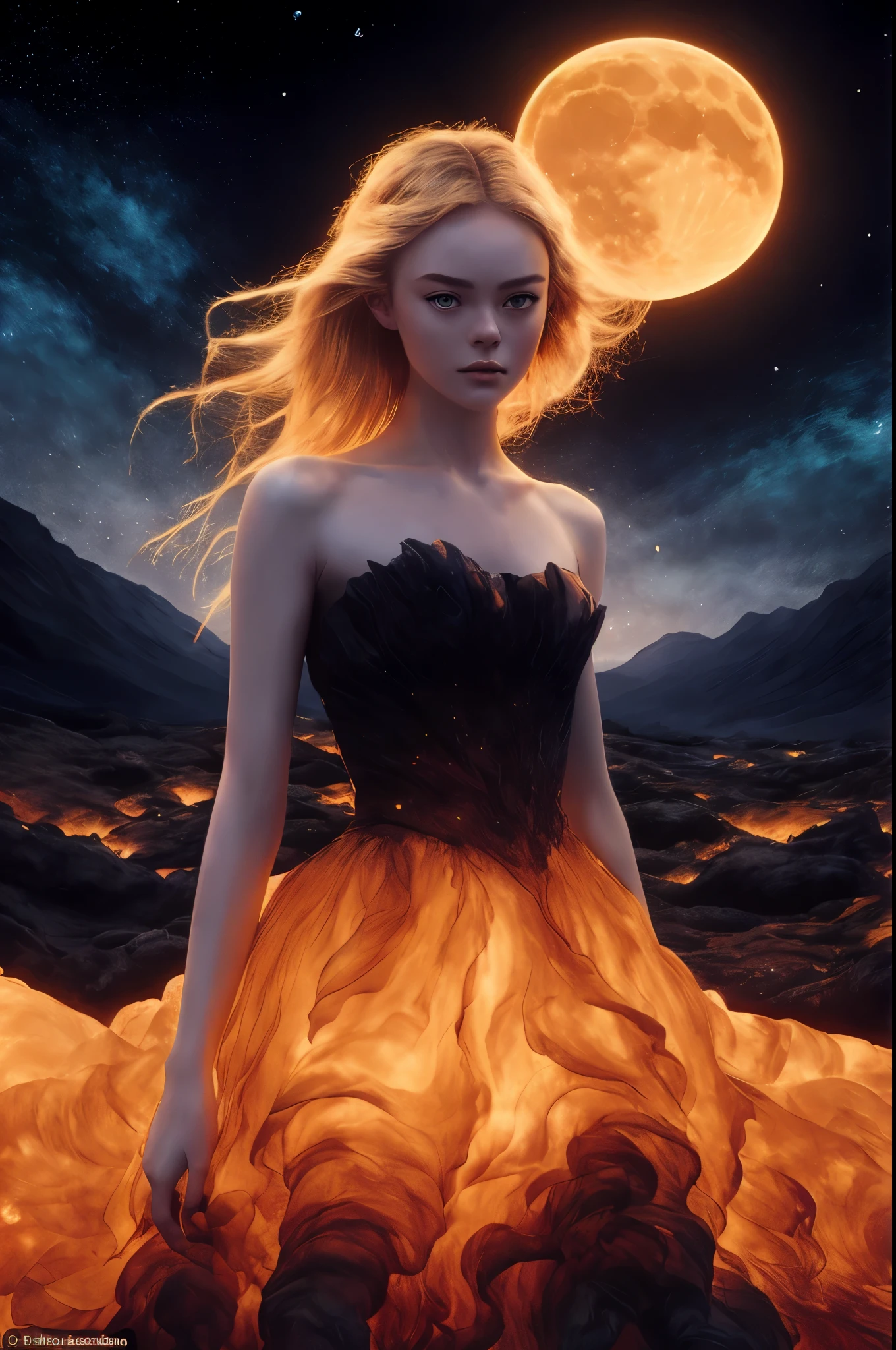 eine bekleidete Frau steht auf einem Feld bei Vollmond, Kleid aus Feuer, tolle digitale Illustration, wunderschönes digitales Kunstwerk, Fantasiekunstverhalten, Feuerkleid, Atemberaubendes Kunstwerk in 8K, karol bak uhd, Epischer Surrealismus Ölgemälde 8K, Fantasy-Kunststil, Fantasie digitale Kunst, epic Fantasie digitale Kunst style, Fantasie digitale Malerei