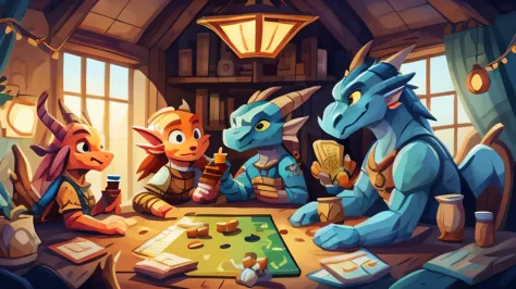 A group of friends playing board games: Dungeons and Dragons, sit at a wooden table covered with game pieces and complex cards, medieval game board. a concentrated expression. The room is dimly lit, with a soft glow coming from a lantern hanging above the ...