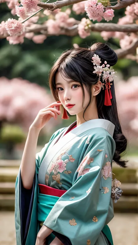 dragon ball　bloomers, futuristic scene, mechanically enhanced japanese geisha、elegant in an elaborate garden. she has beautifull...