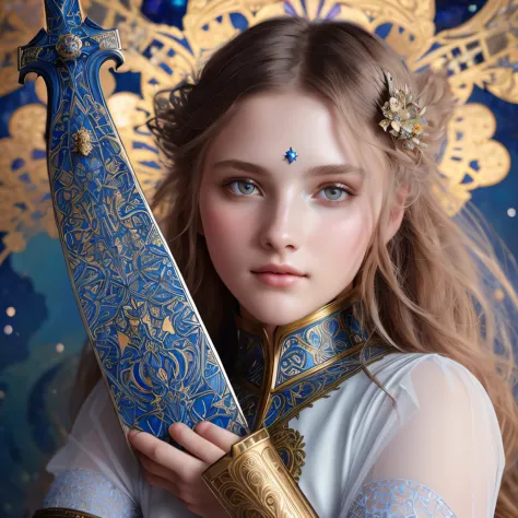 fashion photography portrait of beautiful girl knight in heavy armor, holding an ornate weapon, (alphonse mucha background:1.16)...