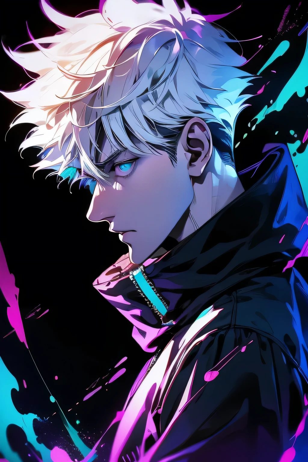 a man with white hair and a purple jacket holding a cell phone, cyberpunk art inspired by Munakata Shikō, tumblr, digital art, ufotable art style, anime wallaper, profile picture 1024px, trigger anime artstyle, badass anime 8 k, tokyo ghoul, 4k anime wallpaper, jujutsu kaisen