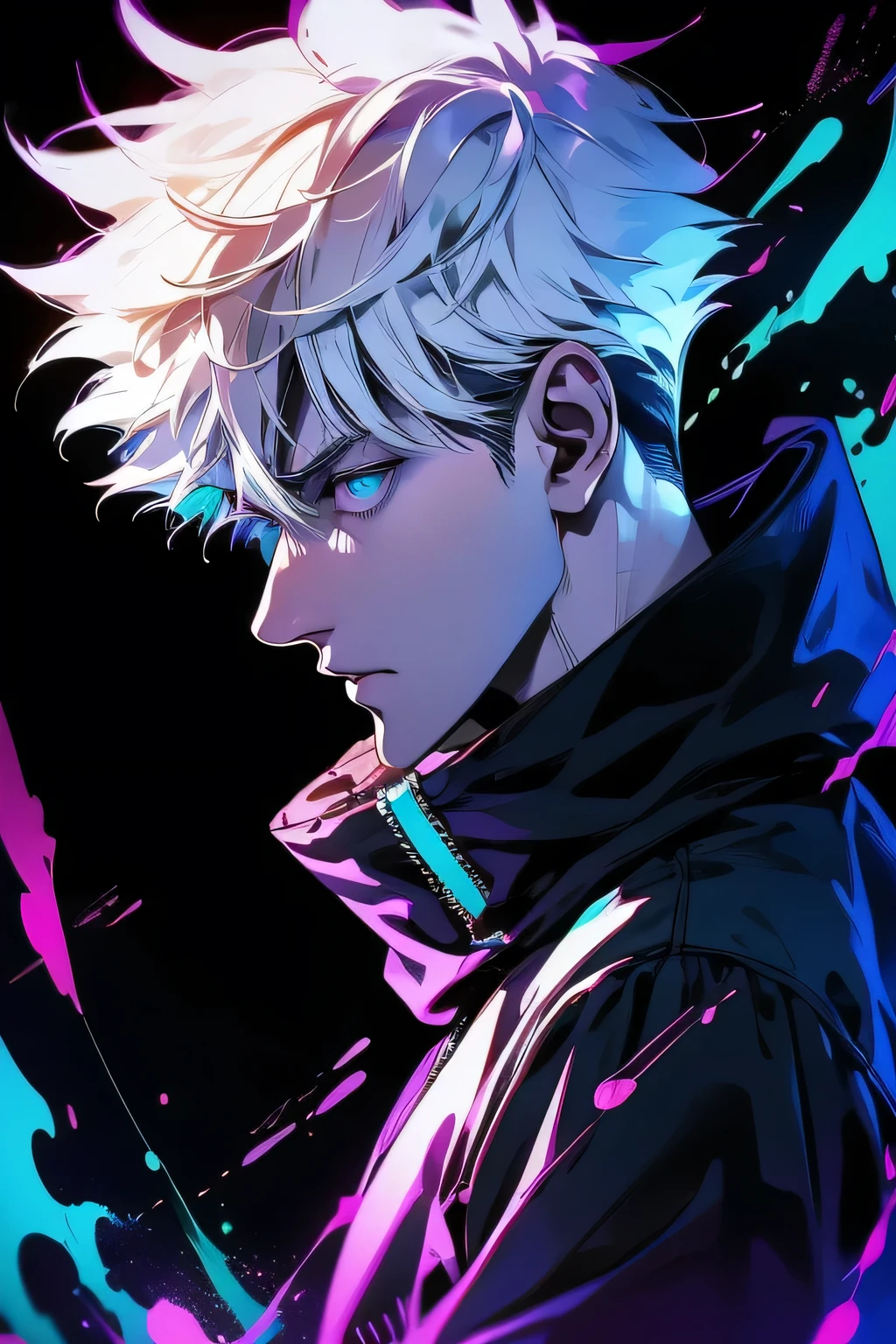 un homme aux cheveux blancs et une veste violette tenant un téléphone portable, art cyberpunk inspiré de Munakata Shikō, tumblr, art numérique, style artistique ufotable, fond d&#39;écran animé, photo de profil 1024px, déclencher le style artistique d&#39;anime, anime dur à cuire 8 k, Goule de Tokyo, Fond d&#39;écran animé 4k, jujutsu kaisen