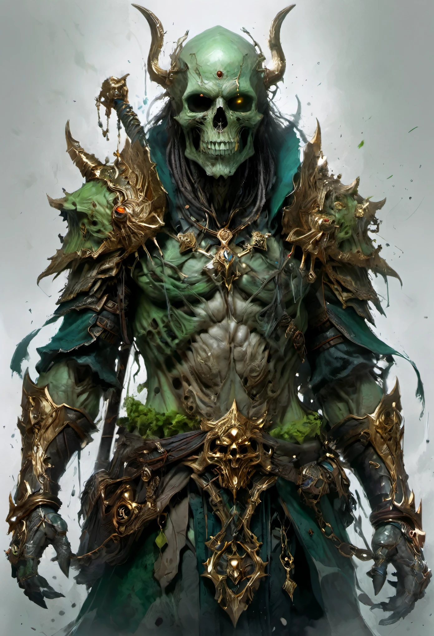 dungeons and dragons art, fantasy art, fantasy illustration, Powerful scary lich, undead archmage, green skull, holding staff of power, smoking, aura of necromancy, hovering, perfect anatomy, approaching perfection, dynamic, highly detailed, smooth, sharp focus, art by Carne Griffiths and Wadim Kashin, trending on artstation, sharp focus, intricate details, highly detailed, by greg rutkowski, mysterious, epic, cinematic, digital art, 4k, 