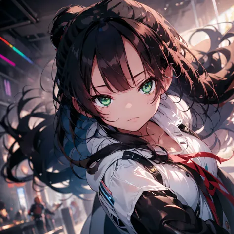 create ultra-high definition, masterpiece quality images with white theme, featuring a cute anime girl with long black hair in a...