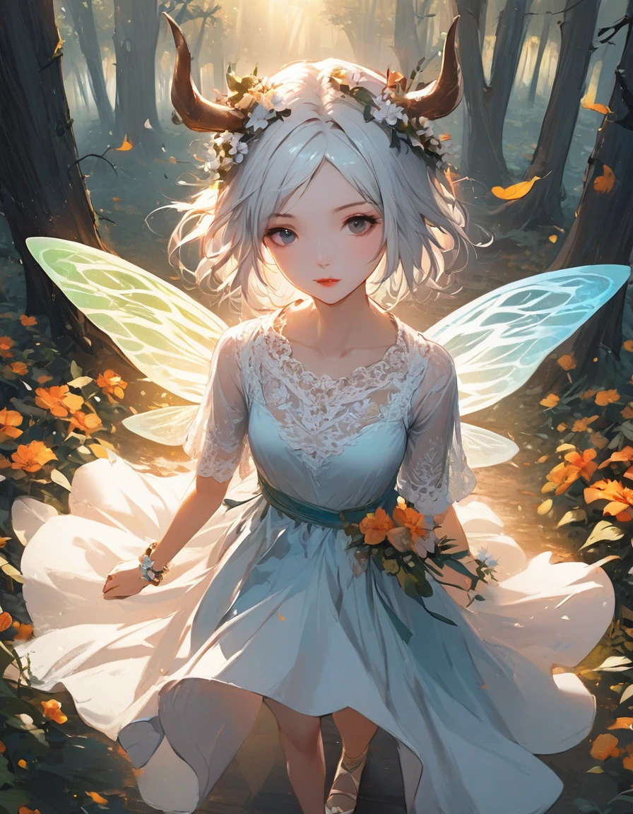 extremely delicate and beautiful,(fantasy),ultra detailed,(extreme detailed illustration),highres,translucent hair, (glowing inner hair),the perfect appearance,(Elk horn on head:1.15),white hair,[blue eyes | yellow eyes],(barefoot sandals:1.25),(forest:1.2),(lace-trimmed dress:1.15),(chiaroscuro lighting:1.2),see-through clothes,(profile:0.85),(looking at viewer:1.25),(flower bracelet),elf,short hair,(mature woman),walking,from above, (fairy wings:1.1), 1girl, xinniang,msn,backlight