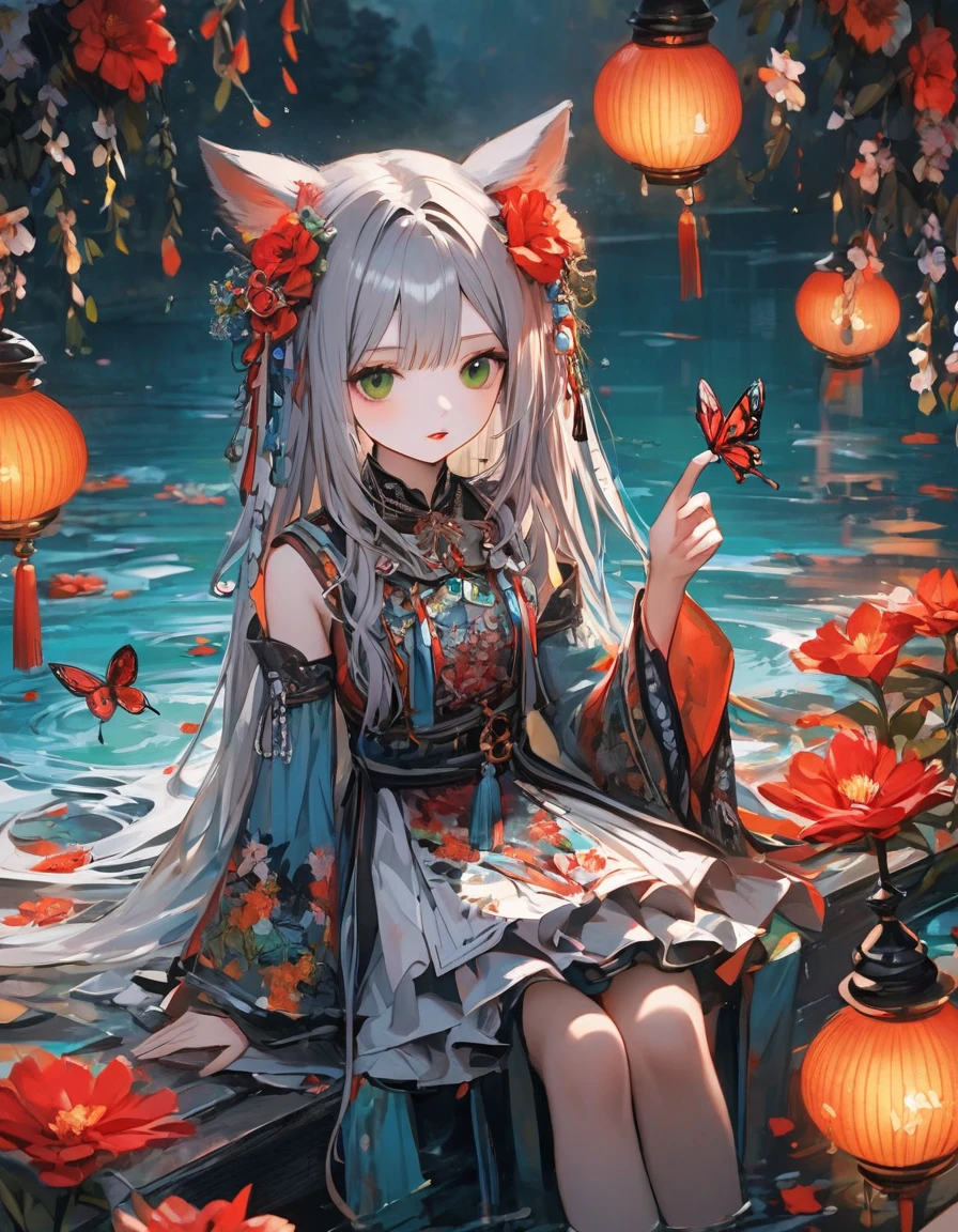 (masterpiece), (best quality), illustration, ultra detailed, hdr, Depth of field, (colorful),[Xnkzzmcz],[iumu],green eyes, 1girl, long hair, solo, flower, hair ornament, looking at viewer, very long hair, butterfly, sitting, hair flower, lantern, bug, water, bangs, full body, bell, red flower, hair between eyes, long sleeves, parted lips, detached sleeves, butterfly on hand, hand up, grey hair, jingle bell, animal ears