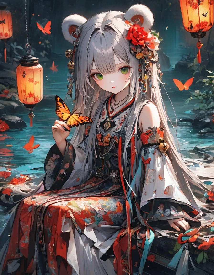 (masterpiece), (best quality), illustration, ultra detailed, hdr, Depth of field, (colorful),[Xnkzzmcz],[iumu],green eyes, 1girl, long hair, solo, flower, hair ornament, looking at viewer, very long hair, butterfly, sitting, hair flower, lantern, bug, water, bangs, full body, bell, red flower, hair between eyes, long sleeves, parted lips, detached sleeves, butterfly on hand, hand up, grey hair, jingle bell, animal ears