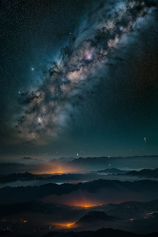 A vast cosmic scene showing a field of distant stars with colorful nebulae in the foreground. The style should be realistic and epic, like a deep space landscape captured by a telescope.