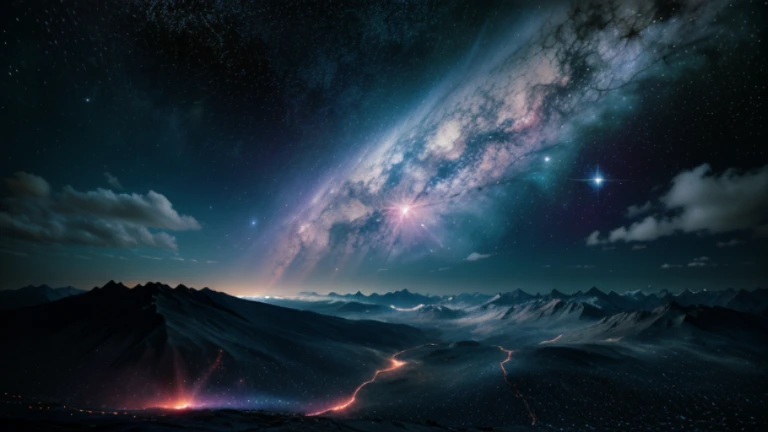 A vast cosmic scene showing a field of distant stars with colorful nebulae in the foreground. The style should be realistic and epic, like a deep space landscape captured by a telescope.