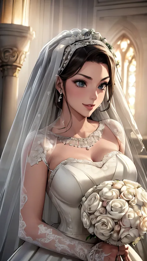 (highest quality, 8K, 32k, masterpiece, UHD:1.2), Beautiful Bride, Similar to Audrey Hepburn, (Gorgeous detailed wedding dress a...