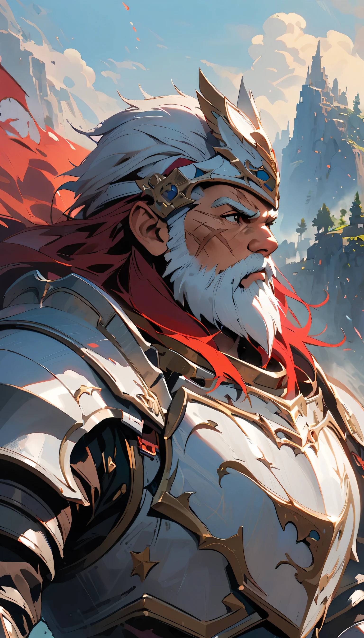 masterpiece, concept art, close shot, centered, portrait, beautiful and aesthetic, oil painting, gouache, portrait, hard brush, dwarf old man, red hair, holy paladin, (white heavy armor:1.5), great axe, dwarf beard, fantasy race, fantasy theme, short hair, (scar on face), standing, dwarf fortress background, vibrant color, epic composition, epic proportion, HD

