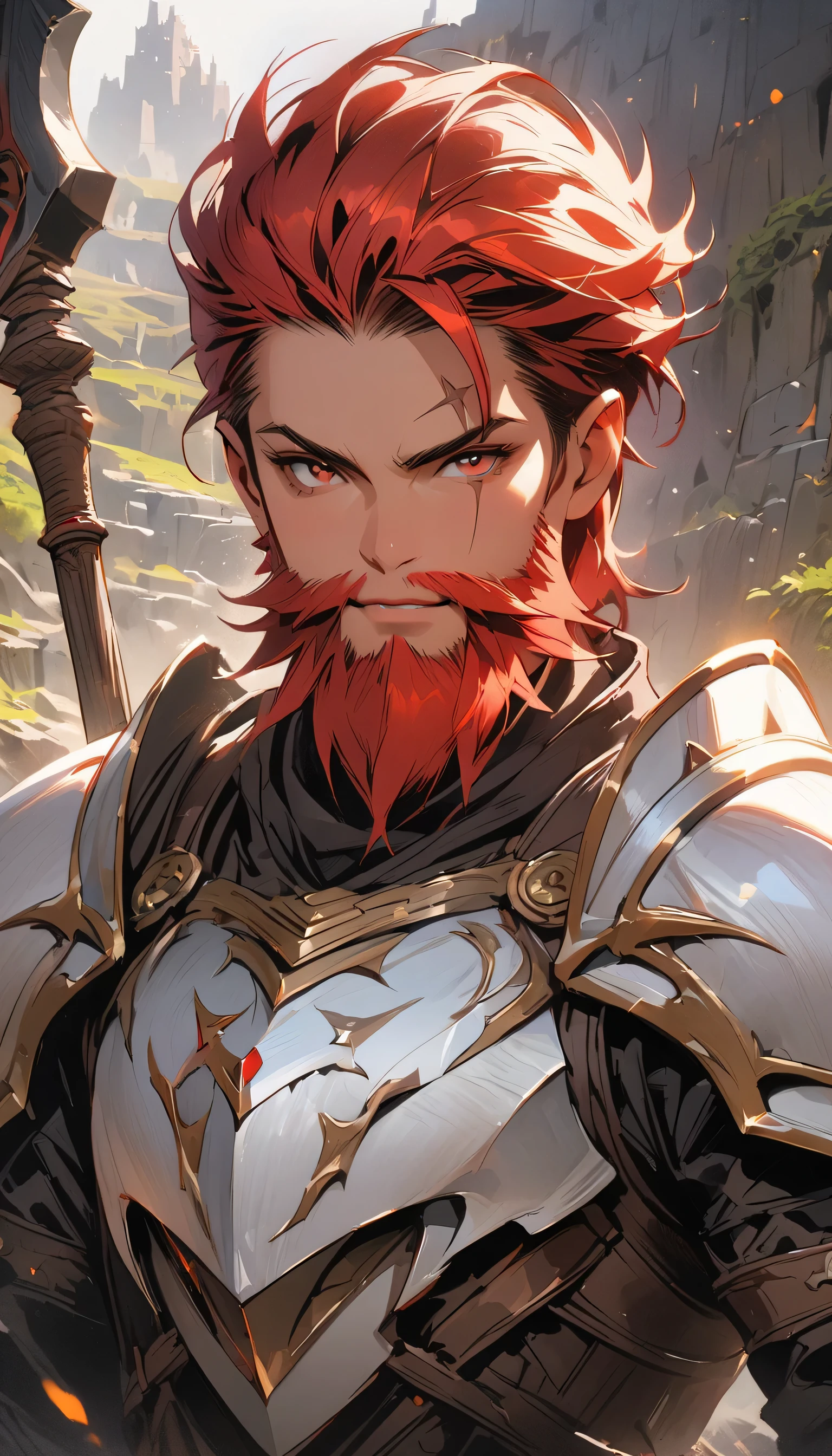 masterpiece, concept art, close shot, centered, portrait, beautiful and aesthetic, oil painting, gouache, portrait, hard brush, dwarf old man, red hair, holy paladin, (white heavy armor:1.5), great axe, dwarf beard, fantasy race, fantasy theme, short hair, (scar on face), standing, dwarf fortress background, vibrant color, epic composition, epic proportion, HD
