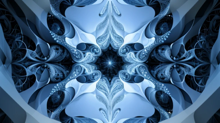 An abstract environment composed of complex 3D fractal geometric structures. The shapes evolve slowly, creating shifting, colorful patterns that suggest a process of digital reflection. A style akin to a computer simulation of particles.